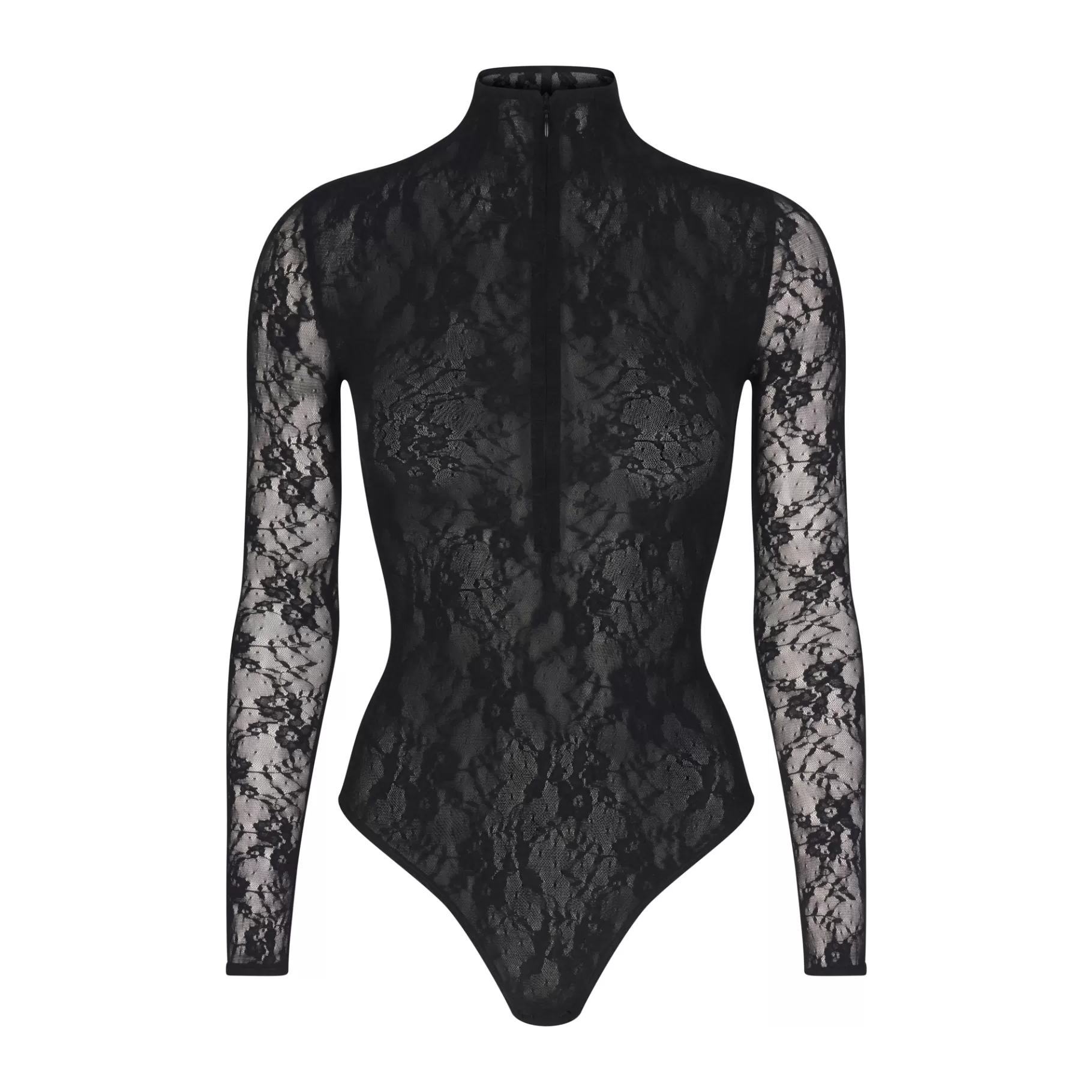 Skims bodysuits*STRETCH LACE LINED LONG SLEEVE THONG BODYSUIT | ONYX