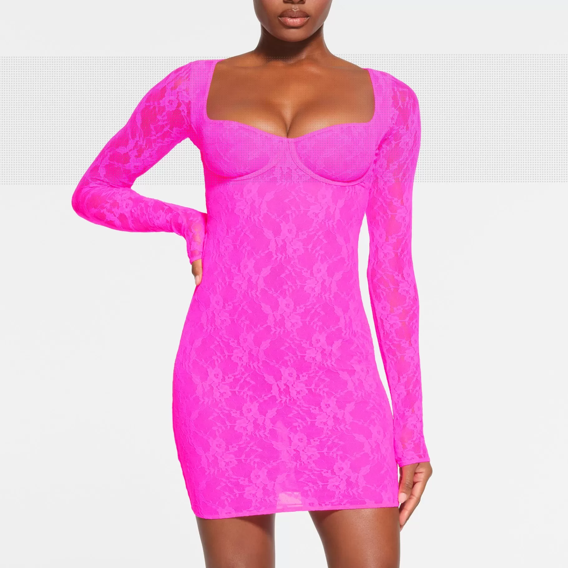 Skims dresses*STRETCH LACE LINED LONG SLEEVE UNDERWIRE DRESS | NEON PINK NEON+PINK